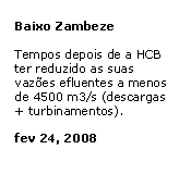 Text Box: Baixo ZambezeTempos depois de a HCB ter reduzido as suas vaz�es efluentes a menos de 4500 m3/s (descargas + turbinamentos).fev 24, 2008